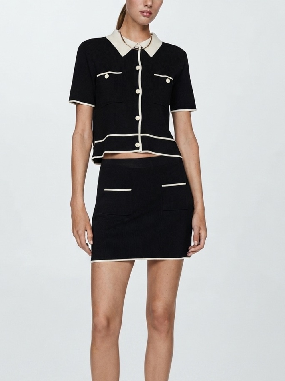 Mango Black & Cream Short-Sleeve Knit Blouse
